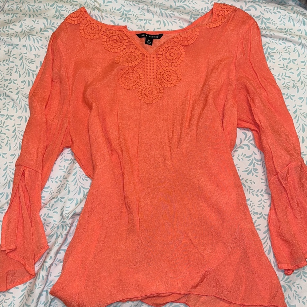 Zac & Rachel Coral Orange Crochet-Neck Peasant Blouse